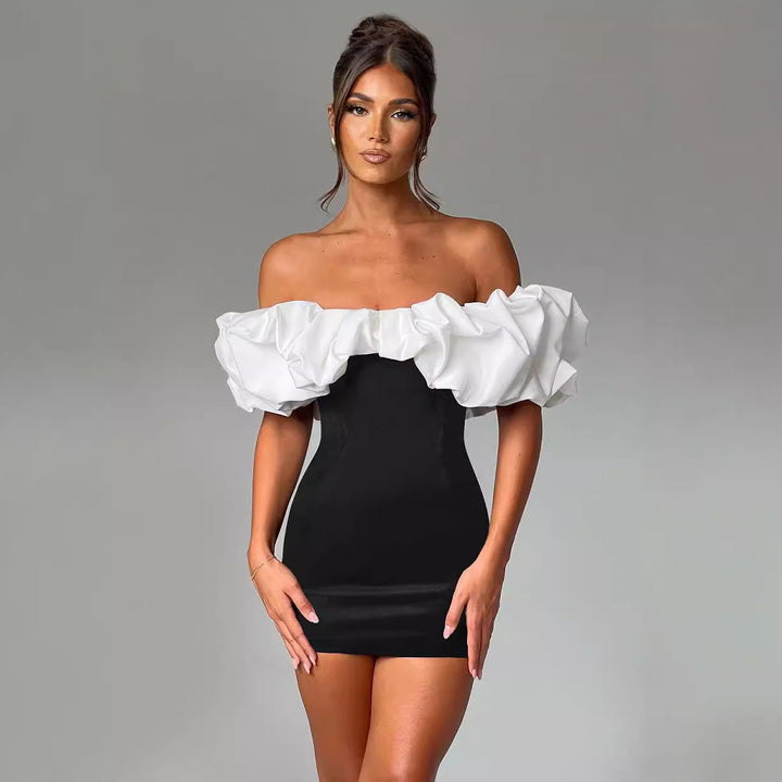 Damen Cocktailkleid mit voluminösen Rüschenärmeln Drune