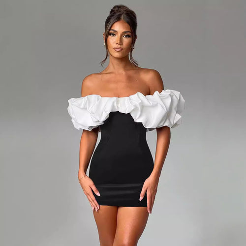 Damen Cocktailkleid mit voluminösen Rüschenärmeln Drune