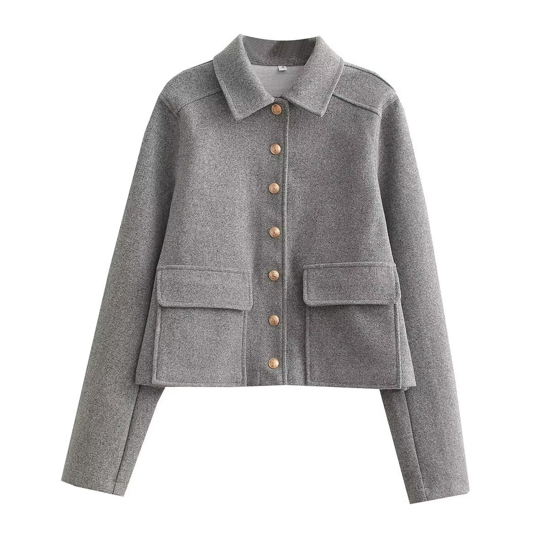 Damen modische Kurzjacke aus strukturiertem Wollmaterial mit praktischen Pattentaschen Drune