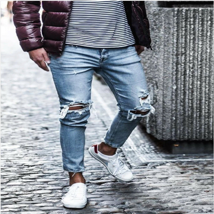 Herren Zerrissene Denim Slim-Fit Jeans mit modischen Waschungen Drune