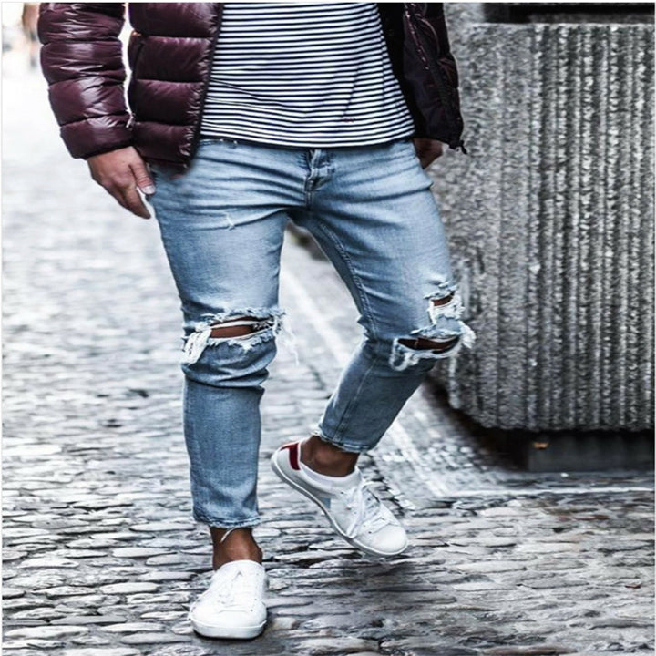 Herren Zerrissene Denim Slim-Fit Jeans mit modischen Waschungen Drune