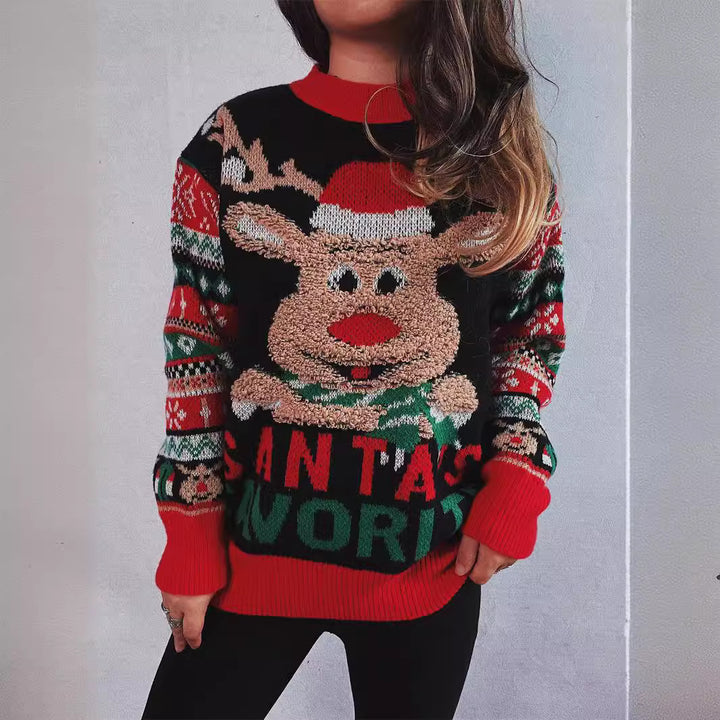 Damen Weihnachtspullover mit festlichem Rentier-Motiv und kunterbunten Strickdetails Drune