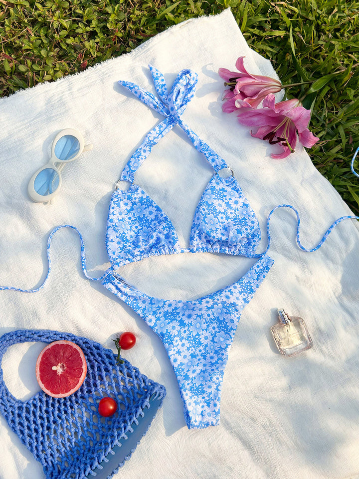 Damen Triangel-Bikini mit verspieltem Blumendesign und modischen Bindebändern Drune