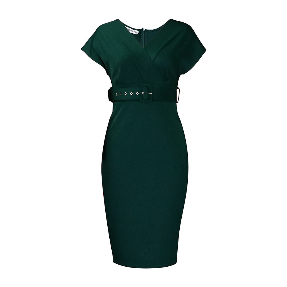 Drune | Damen V-Ausschnitt Figurbetontes Midi Kleid mit Gürtel
