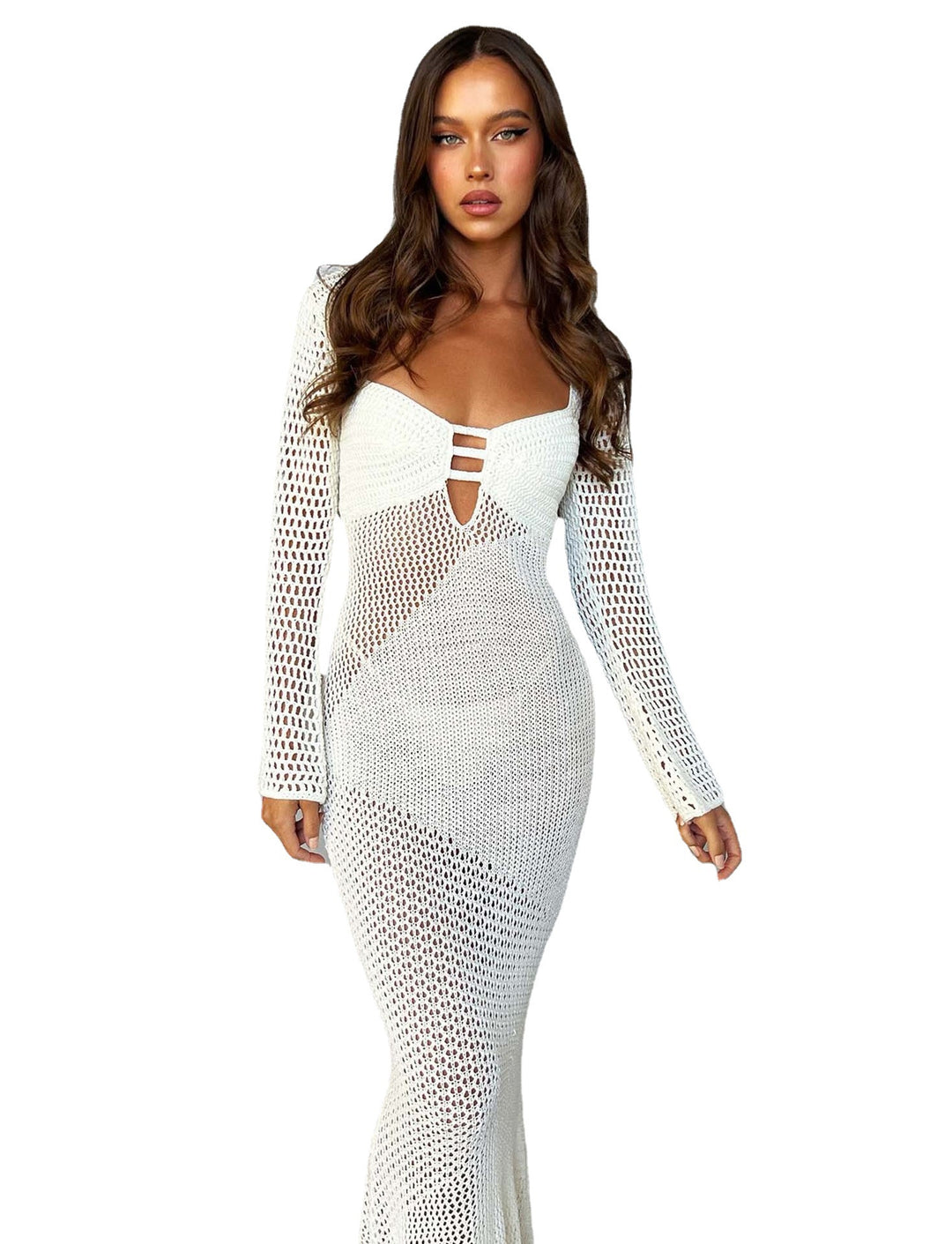 Damen gehäkeltes Maxikleid mit tiefem V-Ausschnitt und seitlichem Schlitz Drune
