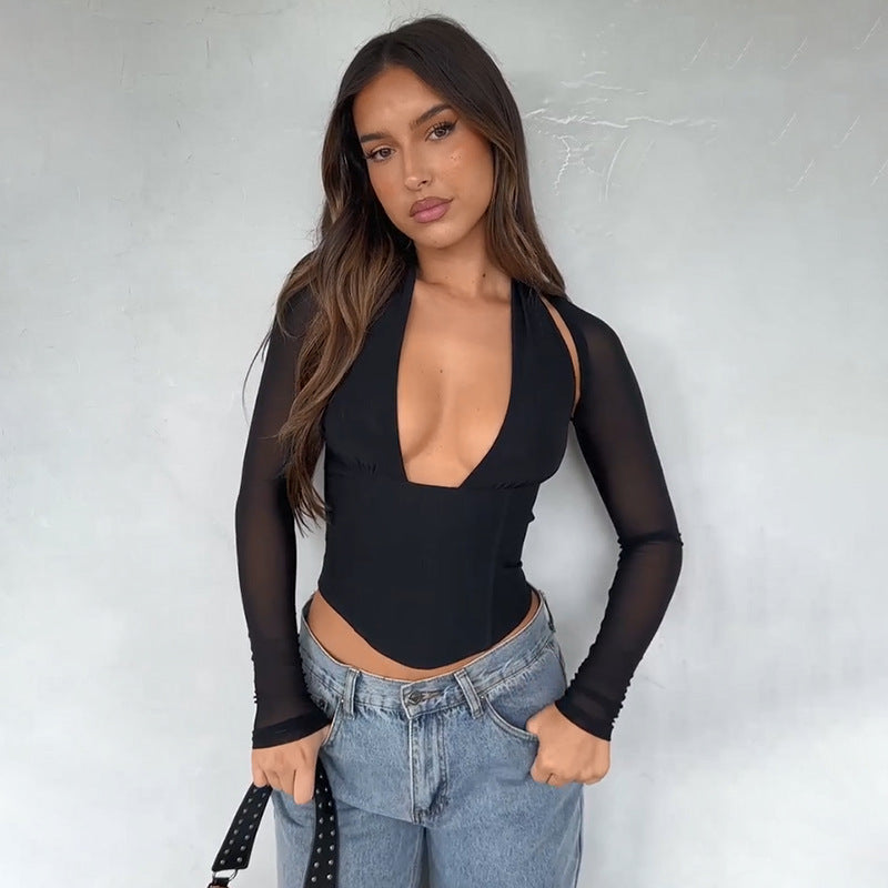 Damen Cropped-Top mit transparenten Ärmeln und tiefem V-Ausschnitt Drune