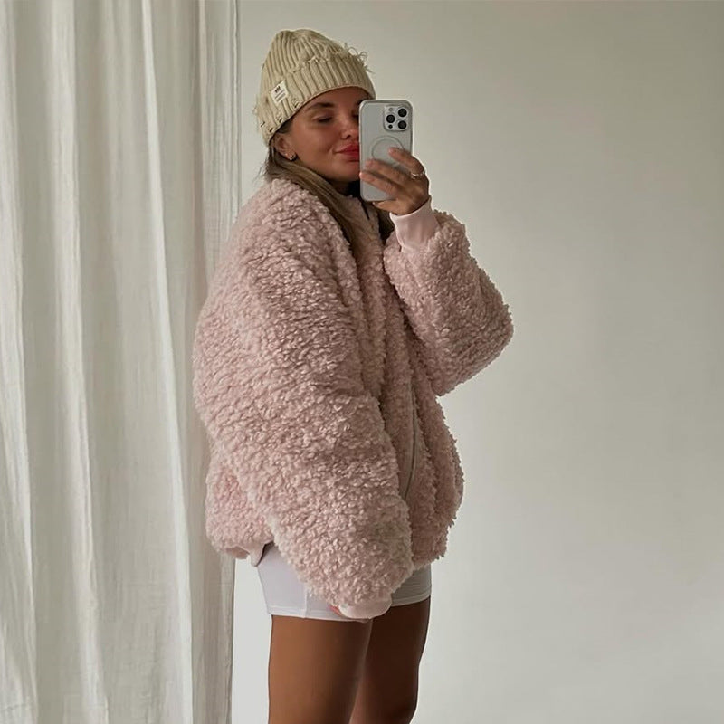 Damen gemütliche Teddyjacke mit hohem Kragen Drune