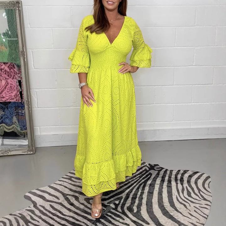 Damen Maxikleid mit floraler Lochstickerei und weiten Ärmeln Drune
