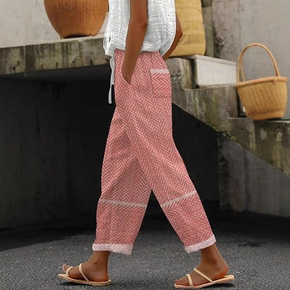 Damen Weite Leinenhose mit Streifenmuster Drune
