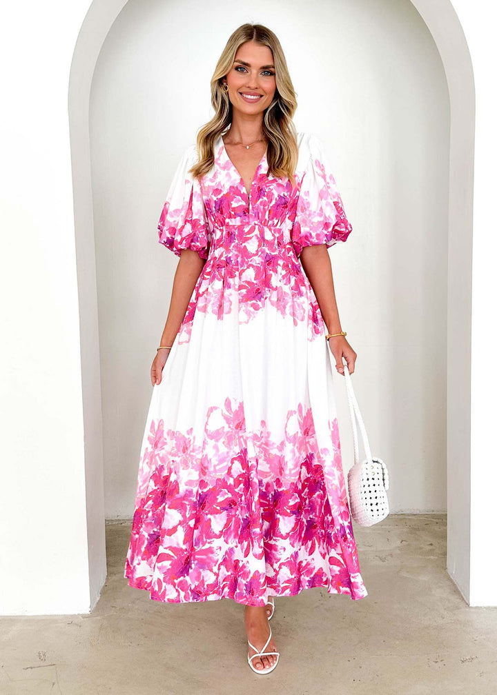 DamenMaxikleid mit voluminösen Puffärmeln und fließendem Schnitt Drune