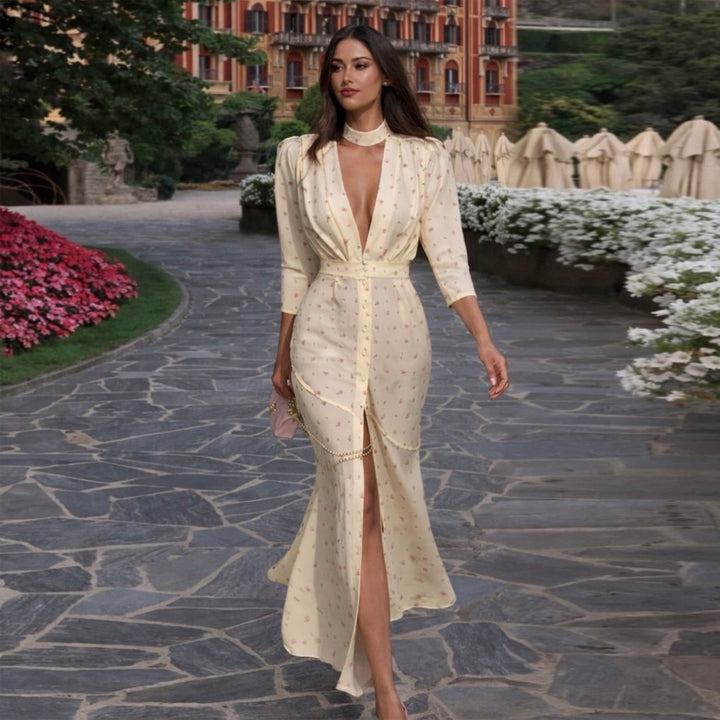 Damen Maxikleid mit elegantem V-Ausschnitt und trendigem Knopfdesign Drune