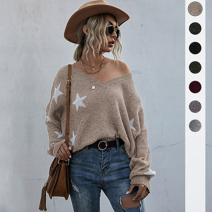 Damen Oversize Pullover mit Sternenmuster und tiefem V-Ausschnitt Drune