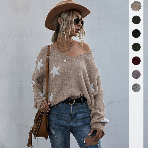 Damen Oversize Pullover mit Sternenmuster und tiefem V-Ausschnitt Drune