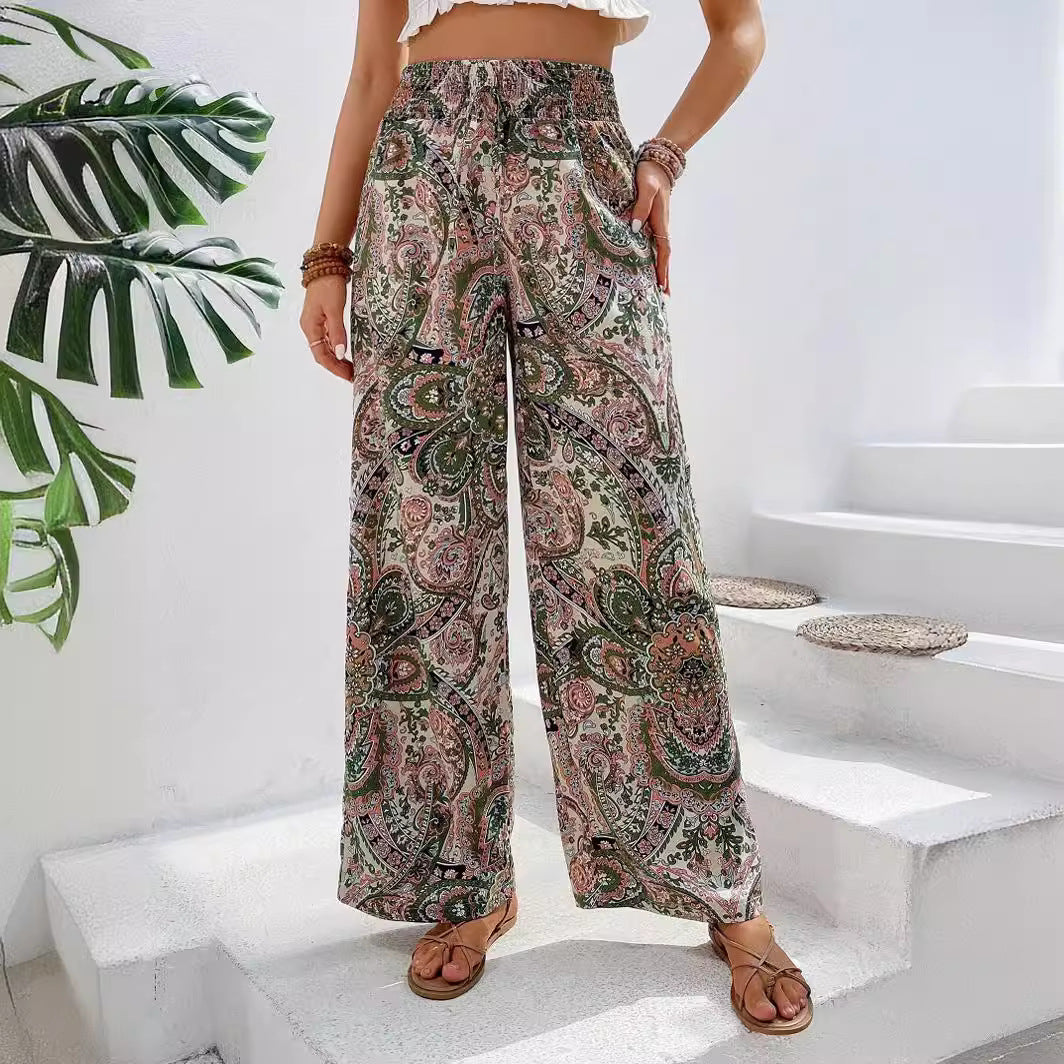 Damen weite Palazzo-Hose mit elastischem Bund und elegantem Paisleymuster Drune