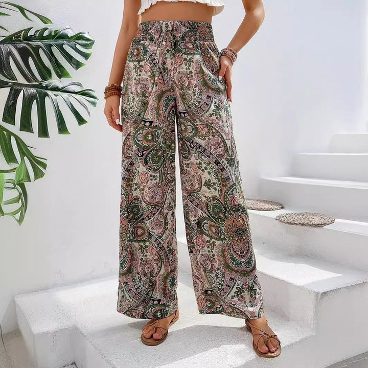 Damen weite Palazzo-Hose mit elastischem Bund und elegantem Paisleymuster Drune