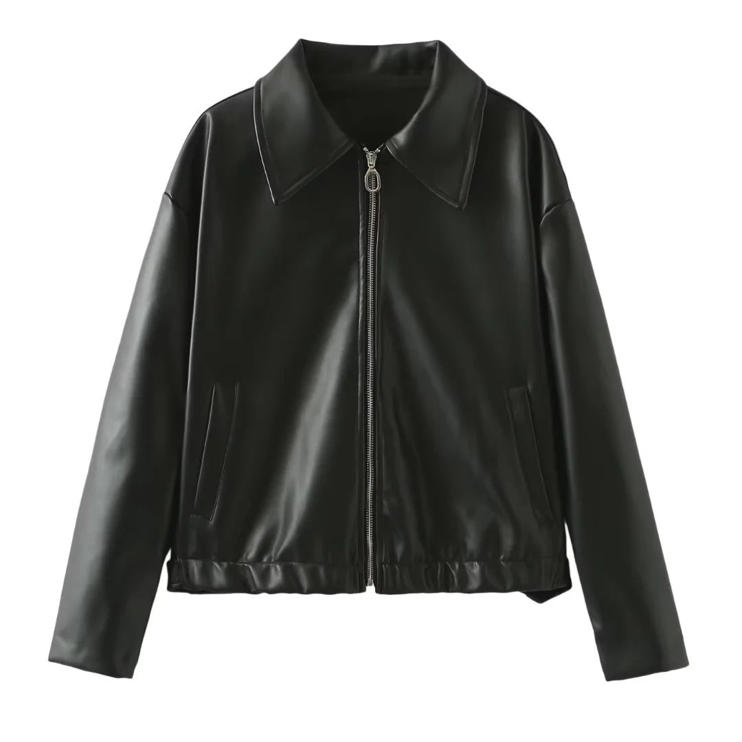 Damen elegante Kunstlederjacke im modernen Design mit praktischem Reißverschluss Drune
