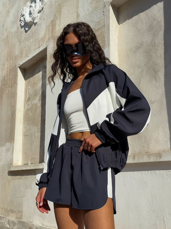 Damen nan lässiges Athleisure-Set mit windabweisender Kurzjacke, Stehkragen und elastischen Highwaist-Shorts Drune