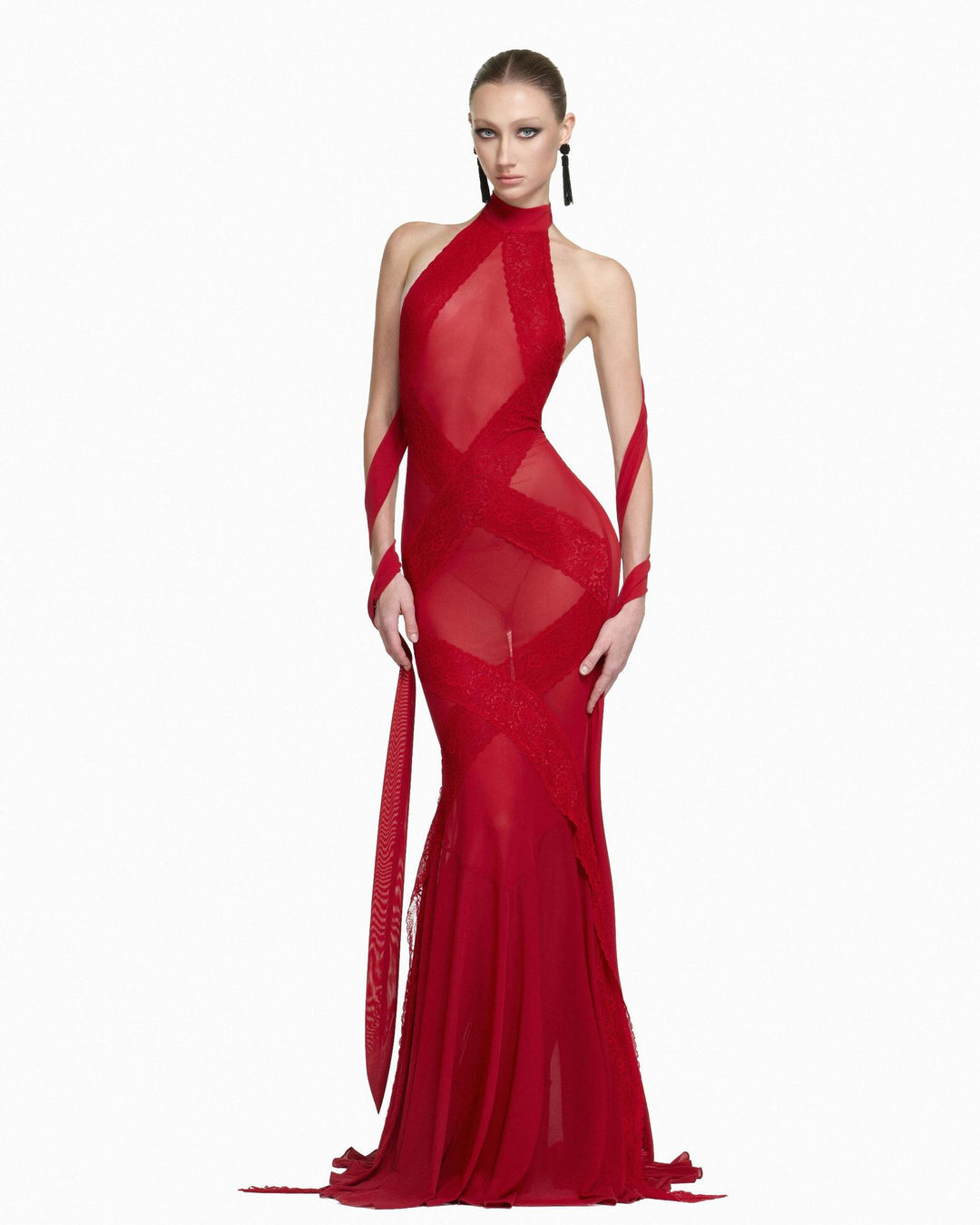 Damen Glamouröses Langarmkleid mit transparenten Einsätzen und raffinierten Drapierungen Drune