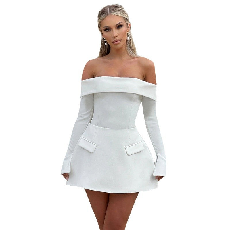 Damen Offshoulder Mini-Kleid mit eleganten Ärmeln und praktischen Taschen Drune