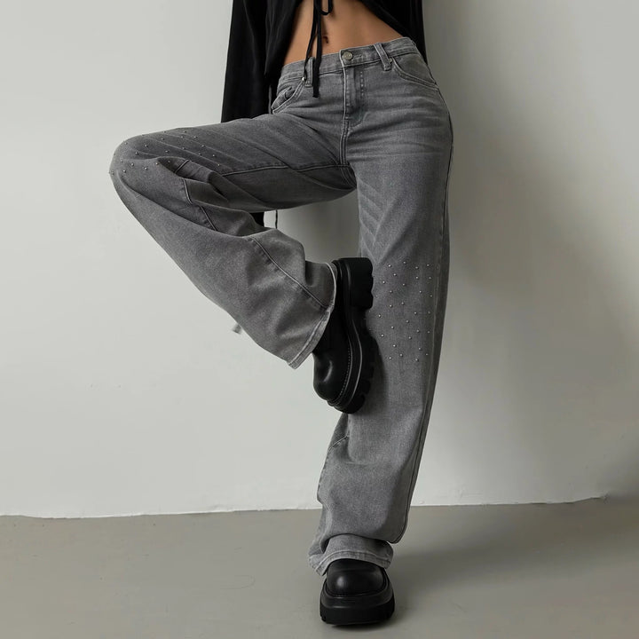 Damen Hochgeschnittene Jeans mit modischem Distressed-Design und originellen Nieten Drune