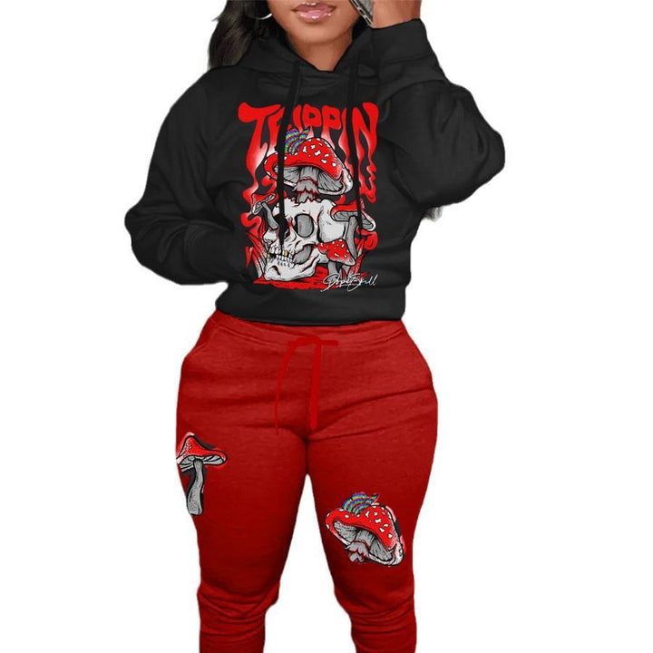 Damen Hoodie und Jogginghose Set mit kreativem Pilzdesign Drune