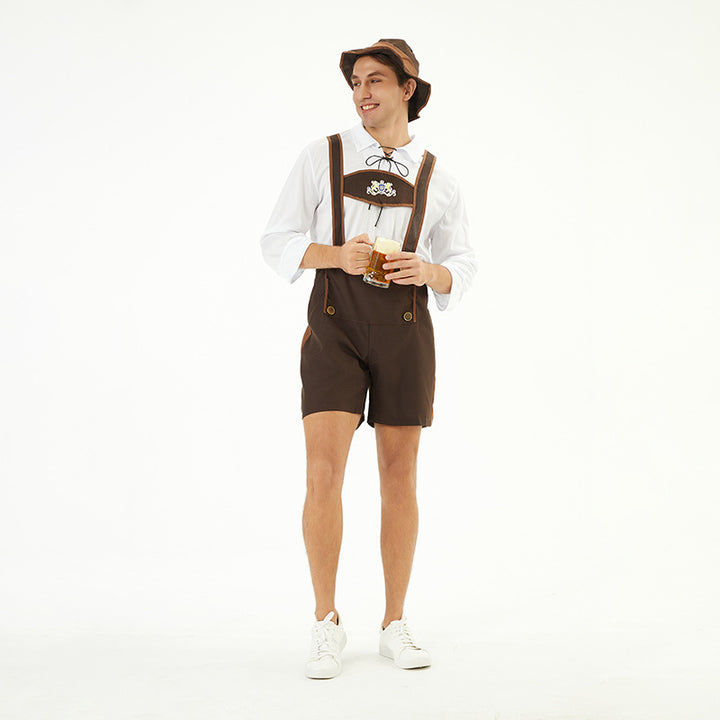 Herren nan Oktoberfest-Kurzlederhose mit verstellbaren Trägern, Zierknöpfen und besticktem Brustlatz Drune