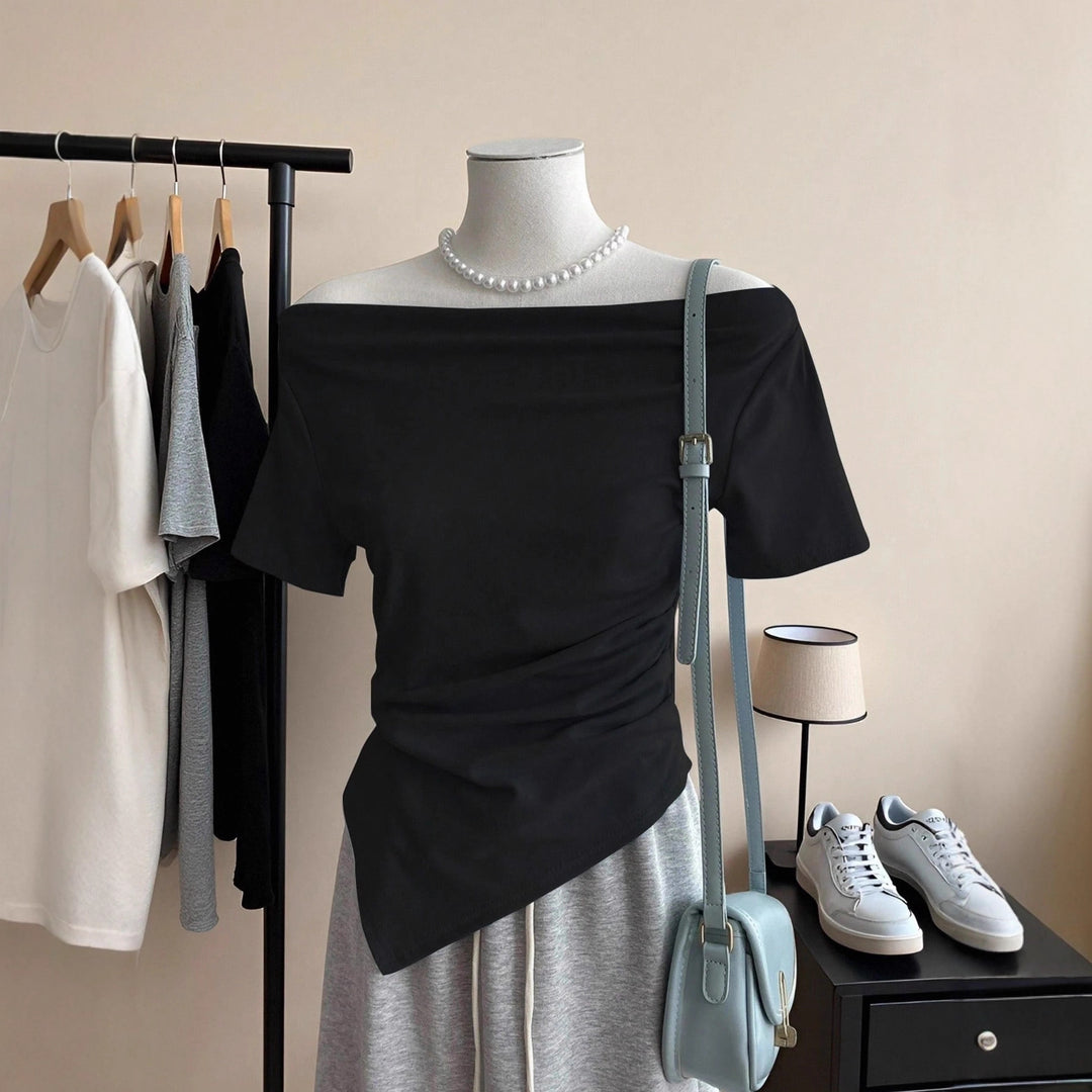 Damen Off-Shoulder T-Shirt mit Raffung Drune