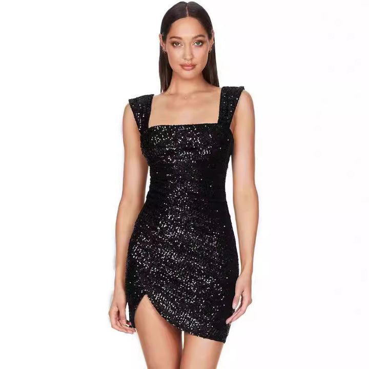 Damen Glitzerndes Mini-Kleid mit figurbetontem Schnitt und asymmetrischem Design Drune