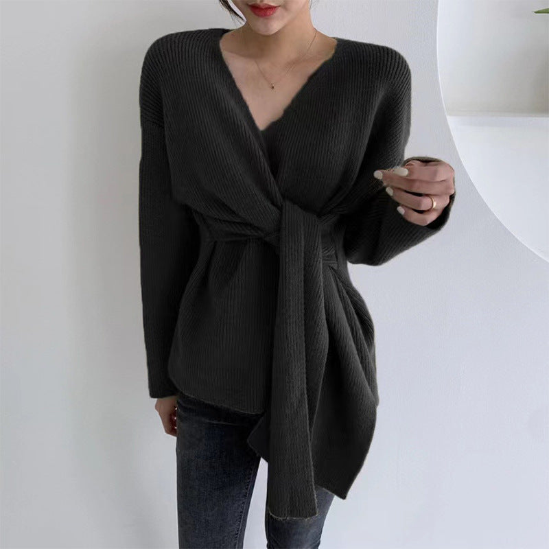 Damen modische Bluse mit Wickeldesign und Binde-Gürtel Drune