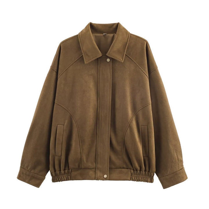 Damen lässige Wildlederjacke mit elastischem Bund und seitlichen Taschen Drune
