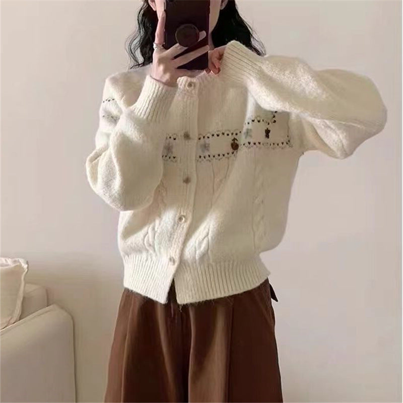 Damen Gemusterte Strickjacke mit dekorativen Knöpfen und lässigem Schnitt Drune