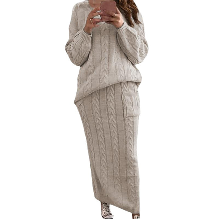 Damen nan Strickset Oversized Zopfmuster-Pullover und Maxi-Bleistiftrock mit aufgesetzter Tasche Drune