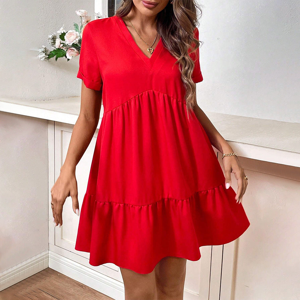 Damen Freizeitkleid mit V-Ausschnitt und schwingendem Rock Drune
