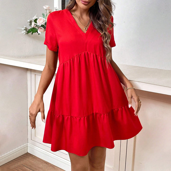 Damen Freizeitkleid mit V-Ausschnitt und schwingendem Rock Drune