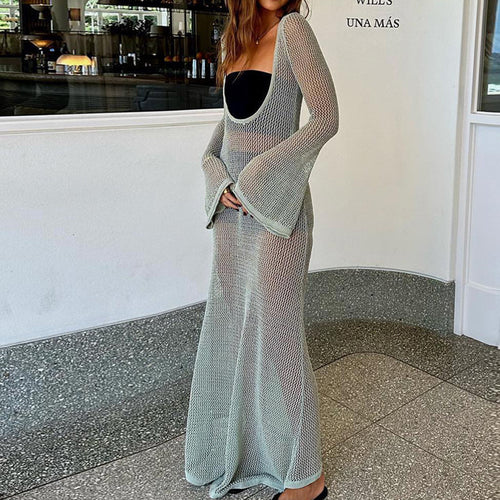 Damen transparentes Strandkleid aus Netzmaterial mit weitem Schnitt und offenen Ärmeln Drune
