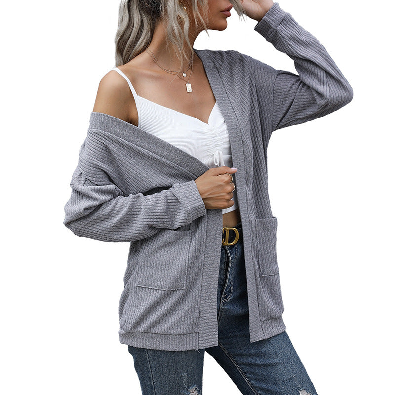 Damen lässige Strickjacke mit Taschen und offenem Schnitt Drune