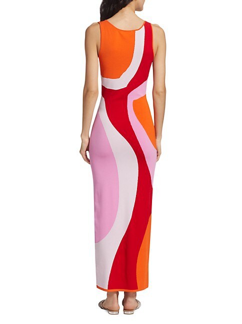 Damen langes figurbetontes Kleid mit quadratischem Ausschnitt und farbenfrohem Muster Drune
