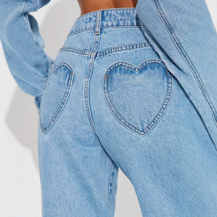 Damen nan hochgeschnittene Weitbein-Jeans mit taillierendem Bund, klassischem Five‑Pocket‑Schnitt und fließendem Bein Drune