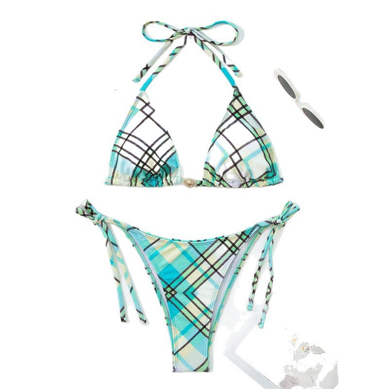 Damen Triangel-Bikini mit verspieltem Karomuster und verstellbaren Trägern Drune