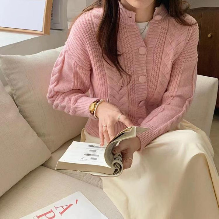 Damen gemütlicher Strickcardigan mit geflochtenem Muster und großen Knöpfen Drune