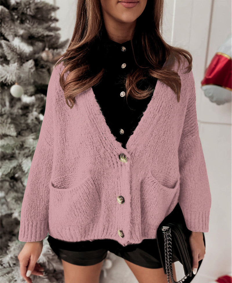 Damen Oversized Strickjacke mit Taschen und Knopfmuster Drune