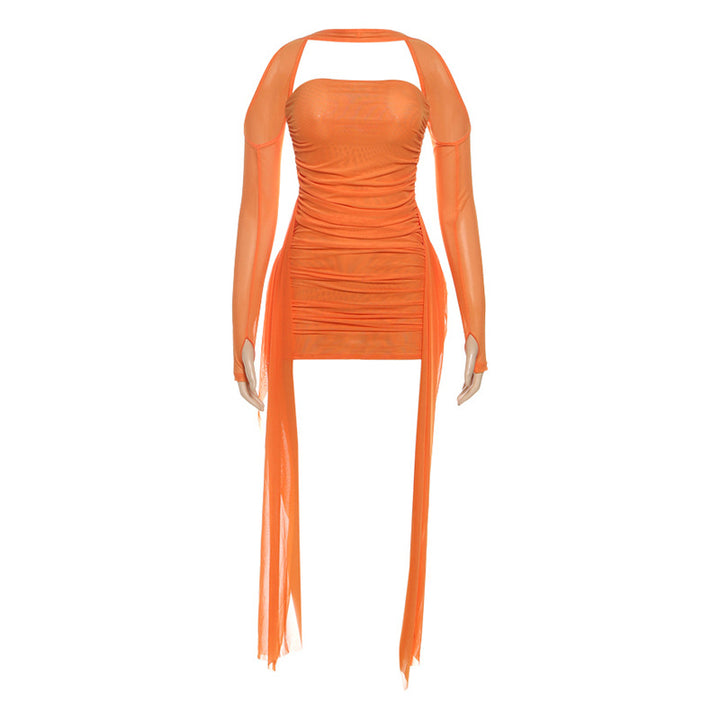 Damen Elegantes Minikleid mit raffinierten Rüschen und transparenten Ärmeln Drune