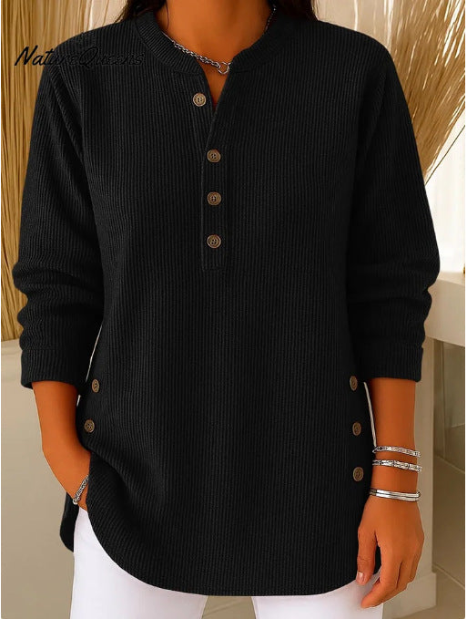 Damen Langarmshirt mit Knopfleiste und modernen Seitenknopfdetails Drune