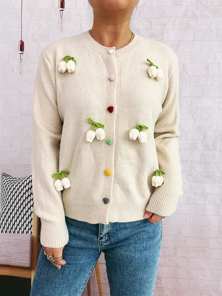 Damen Strickjacke mit floralem Design und farbenfrohen Knopfdetails Drune