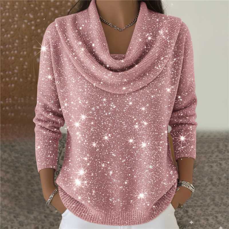 Damen nan schimmernder Strickpullover mit Wasserfallkragen, feiner Glitzerstruktur und schmalem Saum Drune