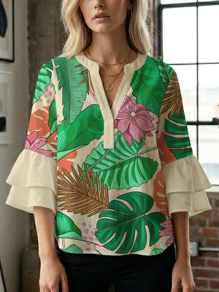 Damen Bluse mit voluminösen Rüschenärmeln und modernem Motiv Drune