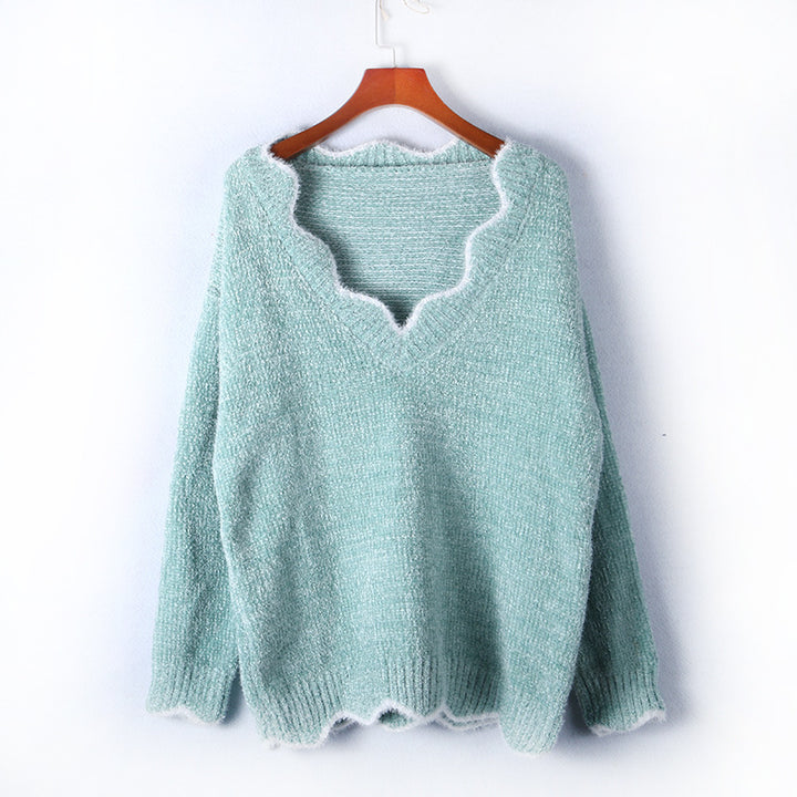 Damen lässiger Strickpullover mit weitem V-Ausschnitt und asymmetrischem Saum Drune
