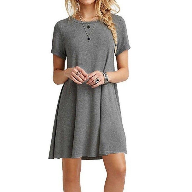 Damen locker fallendes Freizeitkleid mit Rundhalsausschnitt und kurzen Ärmeln Drune