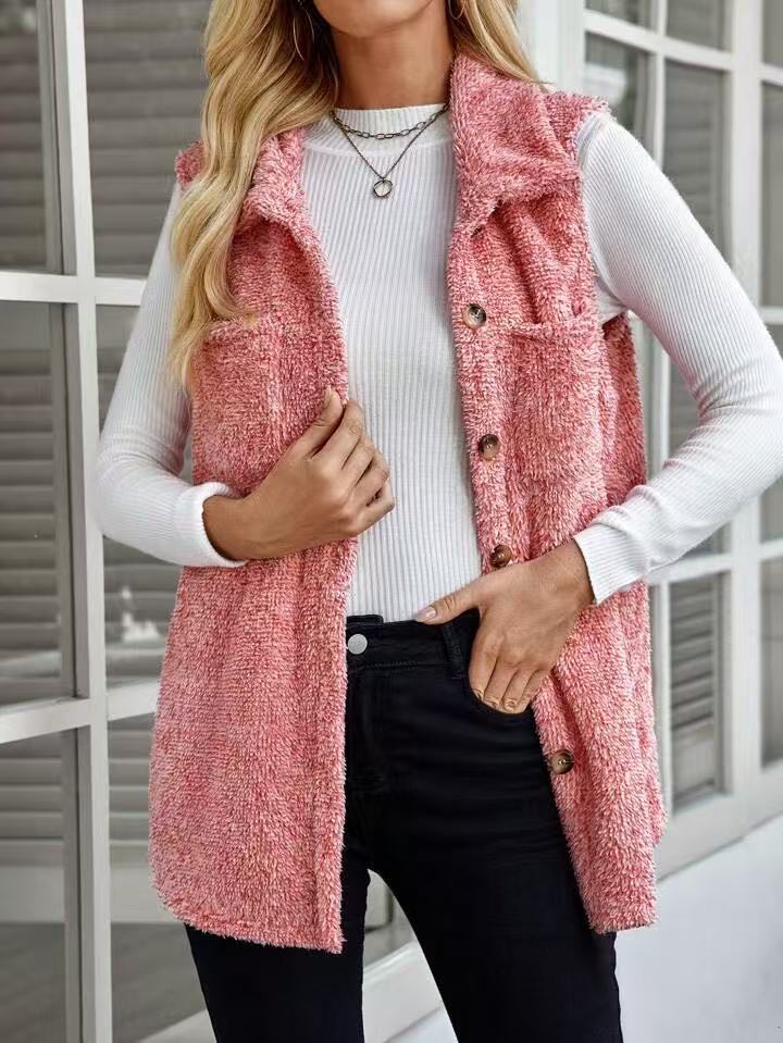 Damen Fleece Weste mit Knopfleiste und tiefem Kragen Drune