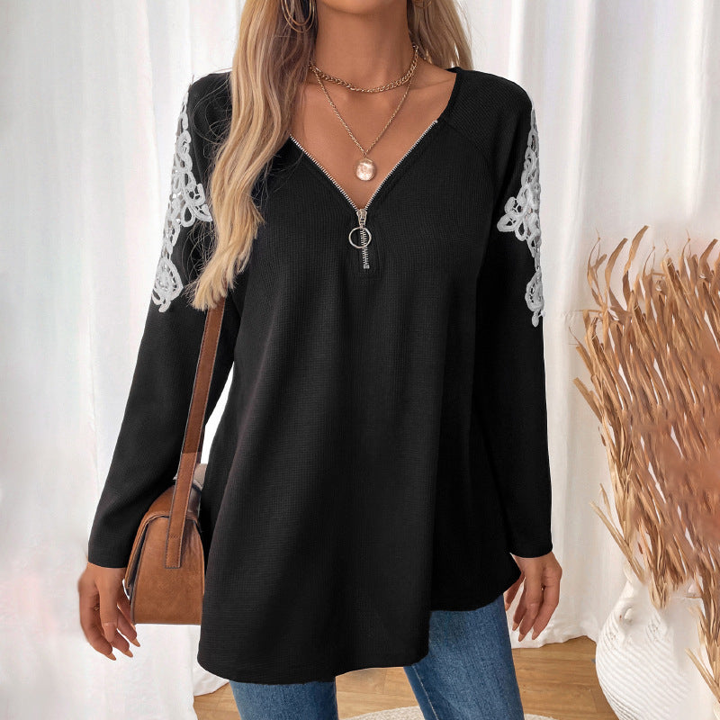 Damen elegantes Longsleeve mit Zip und Spitzenakzenten Drune